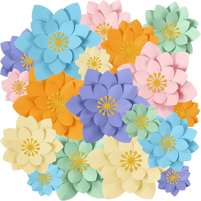 18 Pcs Paper Flowers Decor for Wall DIY Flower Bulletin Board 3D Spring Fiesta Mexican Paper Floral Decoration for Photo Backdrop Classroom Back to School Party(Lotus-Shaped,Bright)