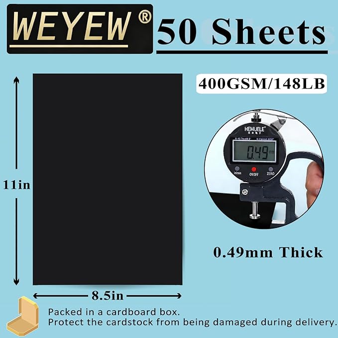 50 Sheets 148lb Black Cardstock, 8.5" x 11", Extra Heavy Duty Black Paper for Card Base DIY Craft Card Making, 148LB Cover 400 GSM