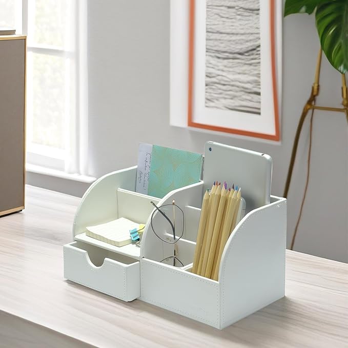 UnionBasic Desk Organizer - Multifunctional Leather Desktop Pen Holder Storage Box - Business Card/Pen/Pencil/Mobile Phone/Stationery Holder, White
