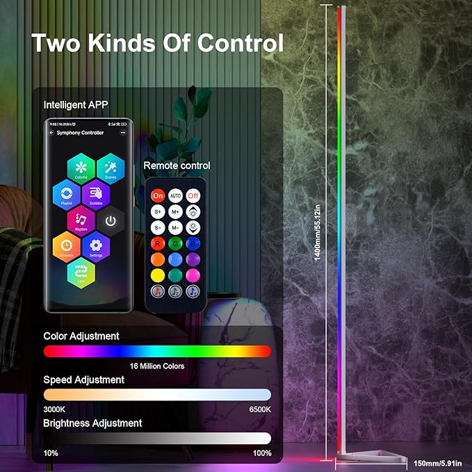 MIHEAL Corner Floor Lamp - Smart RGB LED Corner Lamp with App and Remote Control, 16 Million Colors & 68+ Scene, Music Sync, Timer Setting -for Living Rooms, Bedrooms, and Gaming Rooms