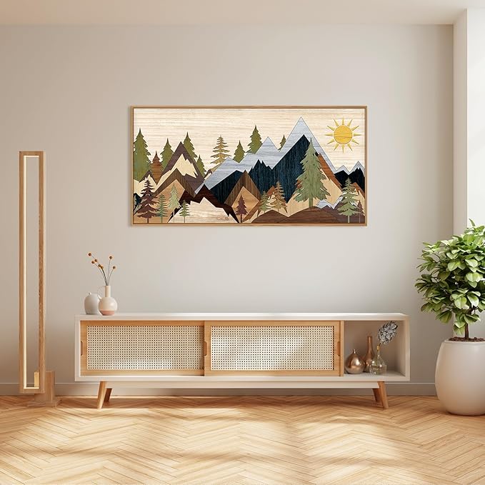 Mountain Pine Tree Framed Canvas Wall Art Set, Nature Wilderness Illustration Wall Decor, Woodcut Forest Wall Painting, Mid Century Modern Art Print for Living Room Bedroom Office 20"x40"