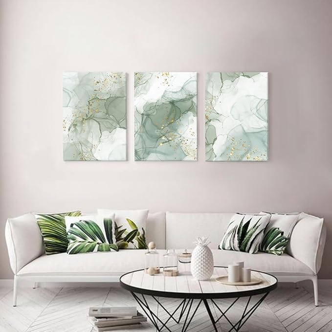 Green Wall Art Set of 3,Abstract Sage Green Wall Decor Living Room, Gold Green Beige Marble Large Framed Canvas Wall Art Mid Century Modern Art Pictures, Boho Green Aesthetic Wall Decor Bedroom Bathroom Office,16x24inch