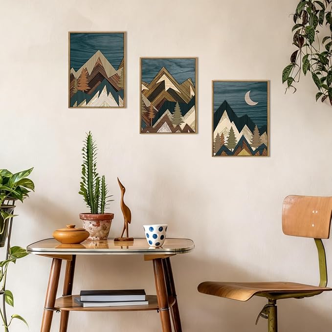 BINCUE Boho Mountain Wall Art Framed,Large Landscape Wall Decor Canvas,Modern Nature Artwork Forest,Abstract Blue Mountain Art Prints Wood for Home Bedroom Living Room Office 12" Lx16''W Set of 3