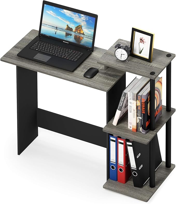 Furinno EFFICIENT Desk, 28.6" Wide Gaming Desk with 3 Open Side Shelves, Laptop Notebook Computer Desk, Office Desk for Home Office, Study Room, Dorm, Bedroom, French Oak/Black
