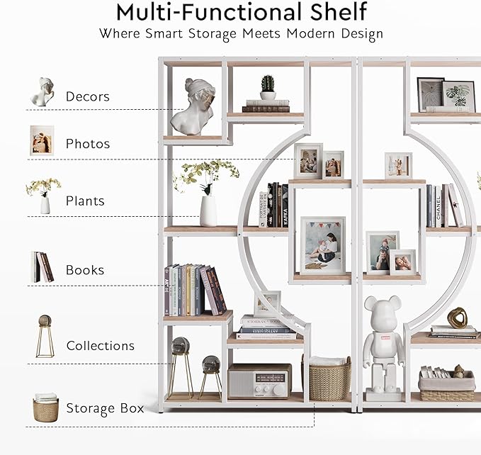 70.8" Tall Bookshelf Set of 2, Etagere Bookcases with 18 Storage Shelves, 79" Wide Geometric Display Shelf with Adjustable Feet & Anti-Tip Kit for Living Room, Home Office