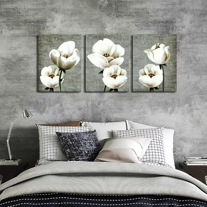 Lapremoly Canvas Wall Art For Bedroom Room Modern Wall Decor For Living Room Gray Green Vintage Style Wall Painting Artwork White Flowers Abstract Pictures 3 Panels Ready To Hang Kitchen Home Decor