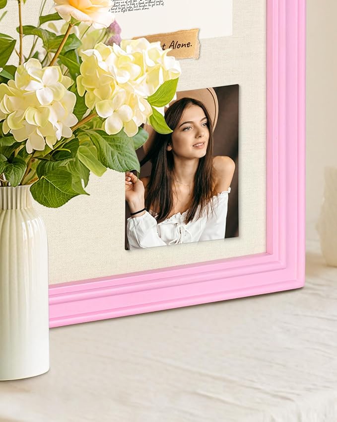 Bulletin Board with Linen, 13x17 inches Pin Board with Pink Frame, Decorative Hanging Bulletin Board Vision Board Message Board Colletion Board for Office School Home Decor