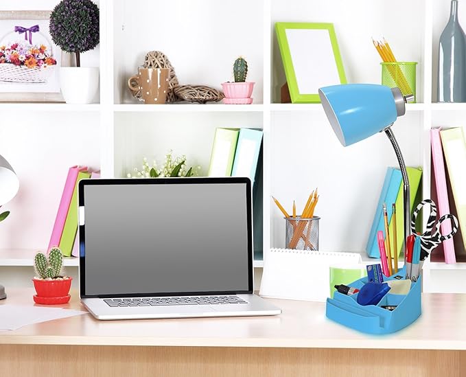Simple Designs LD1056-BLU Gooseneck Organizer Desk Lamp with iPad/Tablet Stand or Book Holder and USB Port, Blue