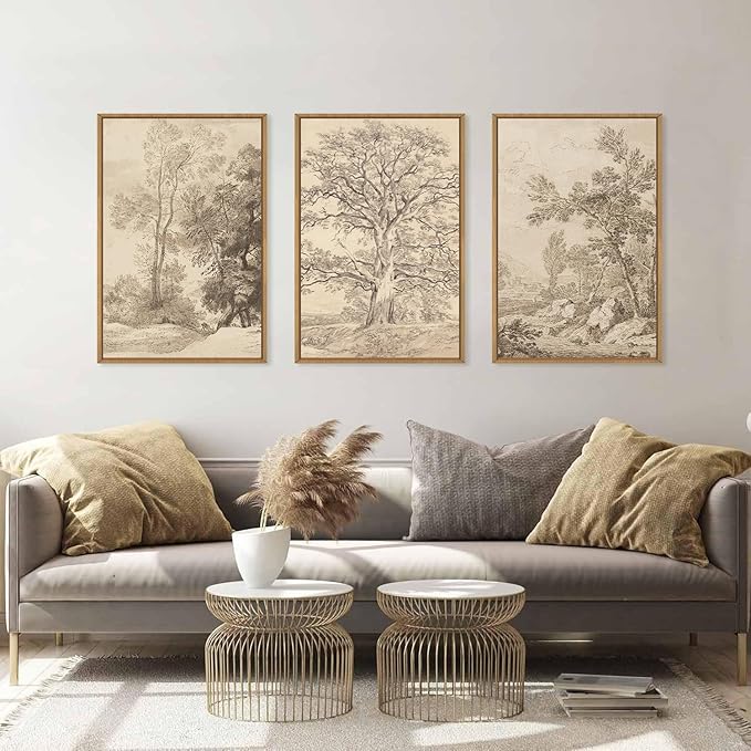 Ausril Large Vintage Sketchbook Framed Canvas Wall Art Set, Minimalist Tree Sketch Wall Decor, Neutral Botanical Wall Painting, Boho Nature Landscape Art Print Living Room, Bedroom, Office 16"x24"x3