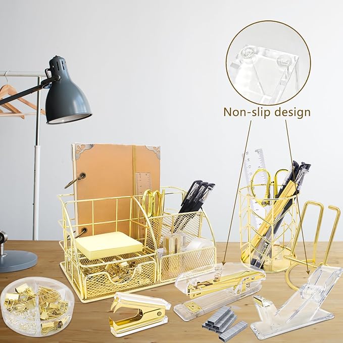 Gold Desk Organizers,Desk Accessories,Office Supplies Set,13PS Set with Acrylic Stapler,Tape Dispenser,Staple Remover,Pen Holder,Clips,Scissor, Phone Holder,Pen