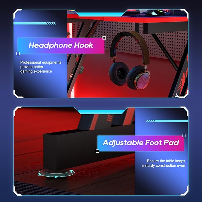 BestOffice Gmaing Desk 35 in PC Computer Desk Z Shaped Gaming Workstation Ergonomic Gaming Table with Headphone Hook for Home Office,Black&Red