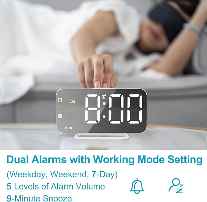 Slim LED Digital Alarm Clock, Mirror Surface for Makeup, with Diming, Large Display, Easy Setting, USB Charger Ports, Modern Bedroom, Desk, Office Living Room Decor, Christmas Birthday for Women Girl