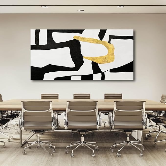NBAODAN Minimalist Art Painting Gold Picture Wall Decor Large Abstract Wall Art for Bedroom Black Wall Decor for Living Room 29"x58" Framed Canvas Art