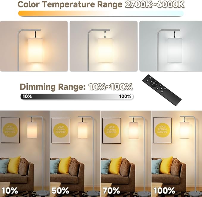 Floor Lamp for Living Room, 9W LED Bulb, Remote Custom Color Temperature & Brightness, Tall Standing Lamps for Bedroom Office, Grey