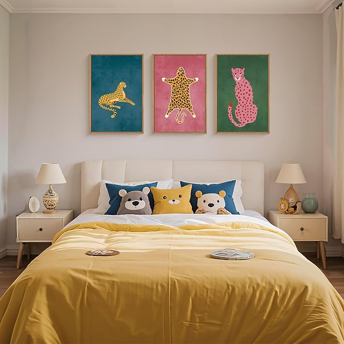Ausril Cheetah Animals Framed Canvas Wall Art Set, Leopard Preppy Room Wall Decor, Modern Boho Cats Wall Painting, Pink Dot Cartoon Art Print for Living Room Bedroom Dinning Room Office 16"x24"x3
