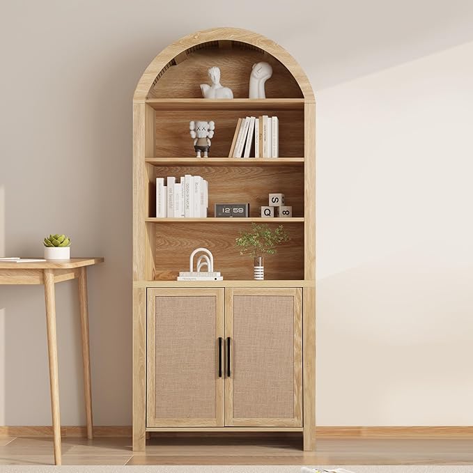 71" Tall Arched Bookcase with Storage, Mid-Century Modern 6-Tier Curved Cabinet with Door, Arched Bookshelf Cabinet with Open Display Storage Shelf for Office Living Room (Natural)