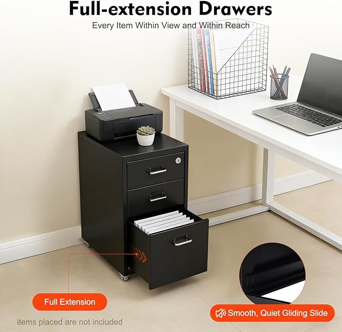 3-Drawer Metal File Cabinet, Mobile File Cabinet with Lock, Rolling Vertical Filing Drawers Under Desk for Home Office, 11 * 16 * 18.3in (Black)
