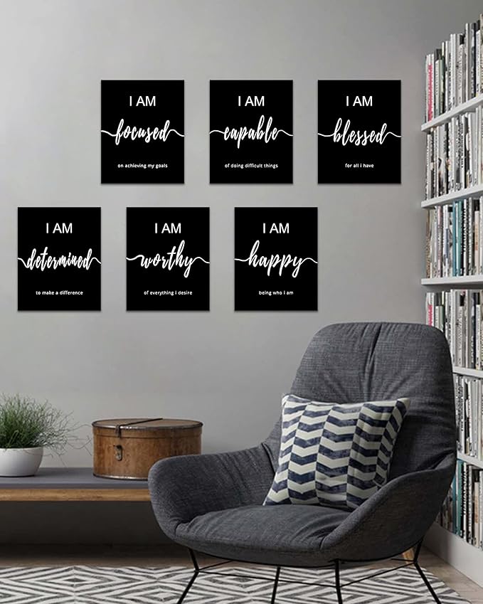 Drsoum Inspirational Wall Art Office Decor, Motivational Wall Art Prints for Office Bedroom Living Room Classroom,Black and White Daily Positive Affirmations Posters for Women Men Kids, Set of 6,