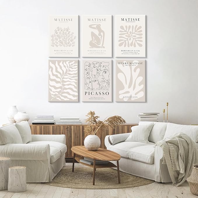 Henri Matisse Wall Art Prints Flower Abstract Canvas Pictures Aesthetic Beige Wall Art Decor Matisse Picasso Poster Gallery Vintage Painting Matisse Artwork for Bedroom 12x16 Inch Set of 6 Ready to Hang