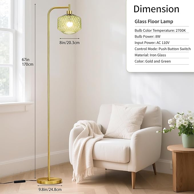 MAYNA Mid Century Modern Floor Lamp, Emerald Green Ribbed Glass Standing Lamp with Built-in Timer Switch, Gold Tall Vintage Lamps for Living Room Bedroom, 2700K LED Bulb Included