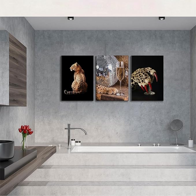 SOUHLP 3Pcs Leopard Canvas Wall Art Elegant Leopard Prints Artwork Modern Disco Ball and Claw Wall Decor for Living Room Bedroom Girls Bedroom Office Home Decoration 12x16in
