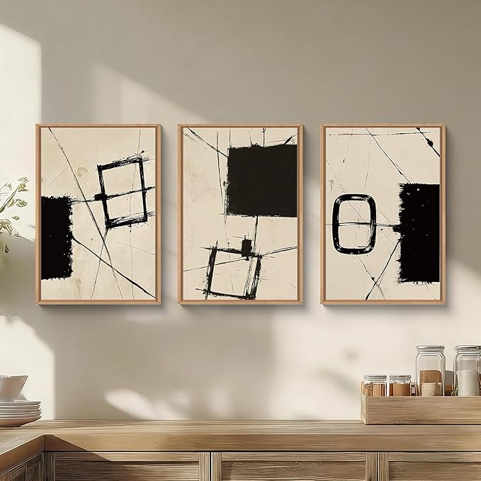 HOURIA Nordic Abstract Black & Beige Brush Stroke Framed Canvas Wall Art Set,Minimalist Geometric Grunge Line Shapes Ink Sketch Decor,Neutral Modern Drawing Artwork for Living Room,Farmhouse-24"x36"x3