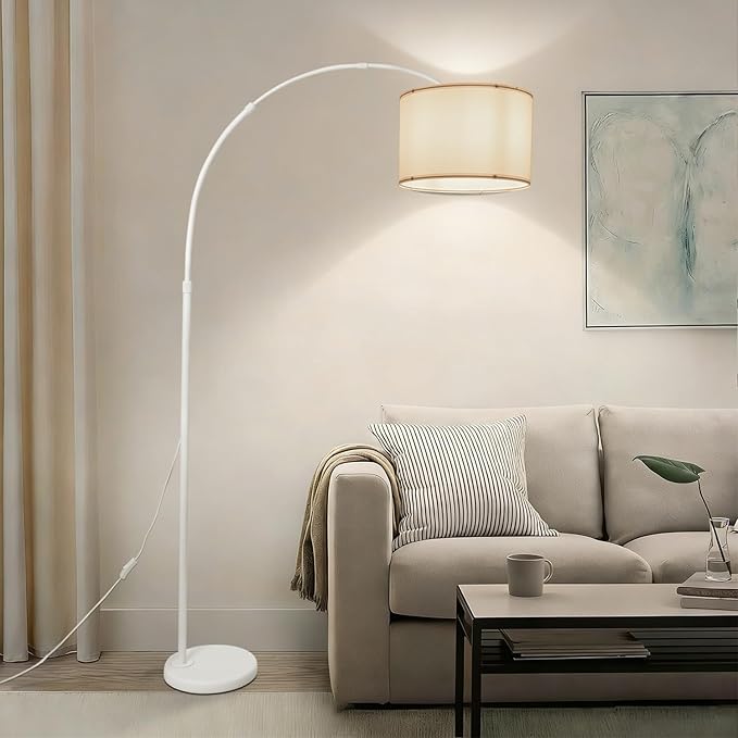 White Arc Floor Lamp with Marble Base, Modern Standing Floor Lamp with Adjustable Height Rotating Head, Tall Pole Lamp with Linen Shade, Over Couch Reading Light for Living Room Bedroom Office Corner