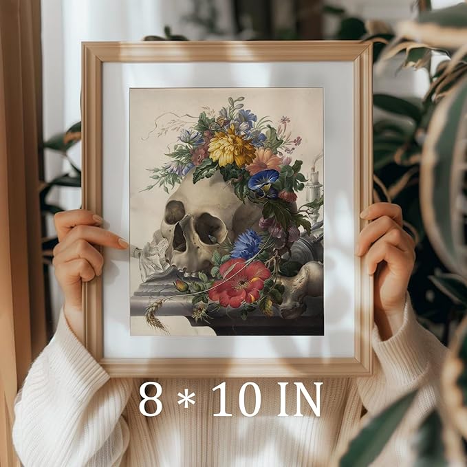 uniro Vintage Floral Skull Wall art Decor Rustic Hanging Retro Skull Flowers Canvas Print Gallery Decor Wall Art Print Poster Painting for Home Living Room Bedroom Halloween wallart (8" x 10"-UNFRAMED)