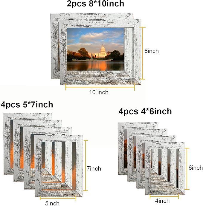 Picture Frame Set 10 pack, Farmhouse Photo Frames, Gallery Wall Frame Collage, 8x10 5x7 4x6 Frames in 3 Different Finishes Picture Frames For Wall or Desk,Rustic White