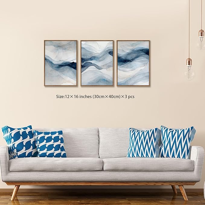 myusuar 3 Piece Large Abstract Framed Wall Art For Living Room, Smoke Texture Ink Navy Blue Canvas Wall Art Modern Minimalist Art Prints Wall Décor For Bedroom Office 12x16in
