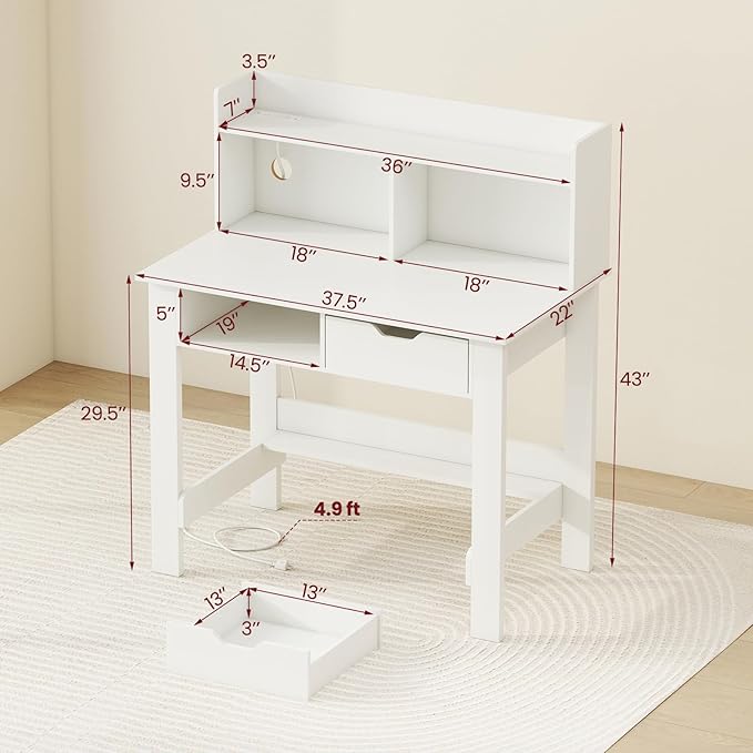 Giantex White Computer Desk with Hutch, Home Office Desk with Power Outlets, USB Ports, Type-C, Storage Shelf & Drawer, Modern Laptop PC Table Computer Workstation, Study Writing Desk for Bedroom