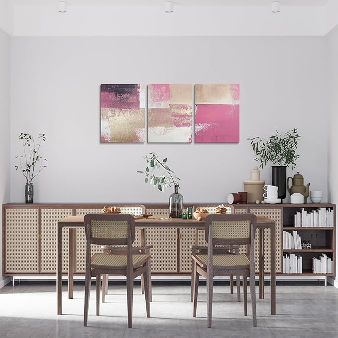 jejeloiu 12"x16"x3pcs Abstract Oil Painting Office Decorations Artwork Posters Abstract Art 3 Piece Canvas Wall Art for Living Room Bedroom Pink Modern Picture Wall Decor