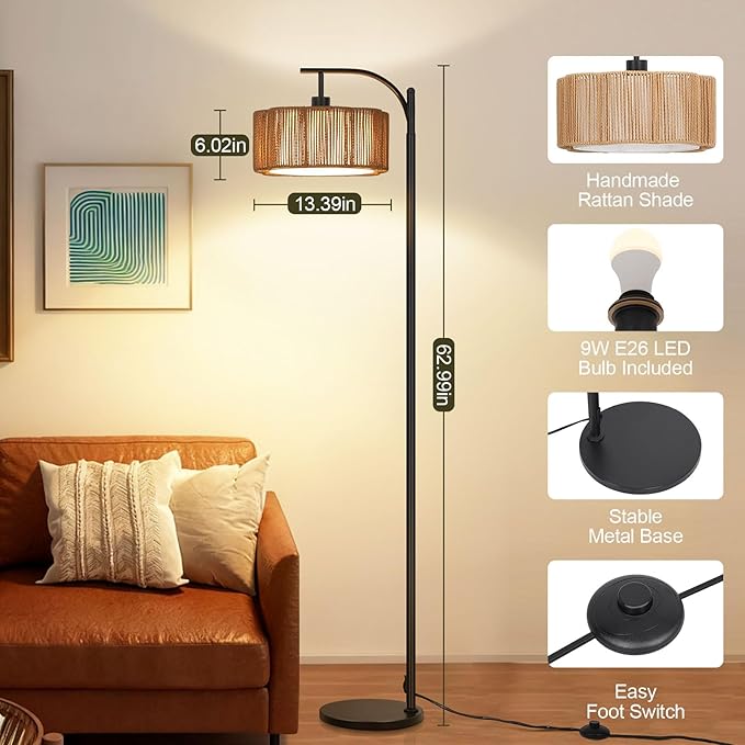 Boho Arc Floor Lamp for Living Room, Rattan Floor Lamp with Remote Control, Dimmable RGB LED Floor Lamps, Bohemian Black Standing Lamp Tall Lamp for Bedroom Office