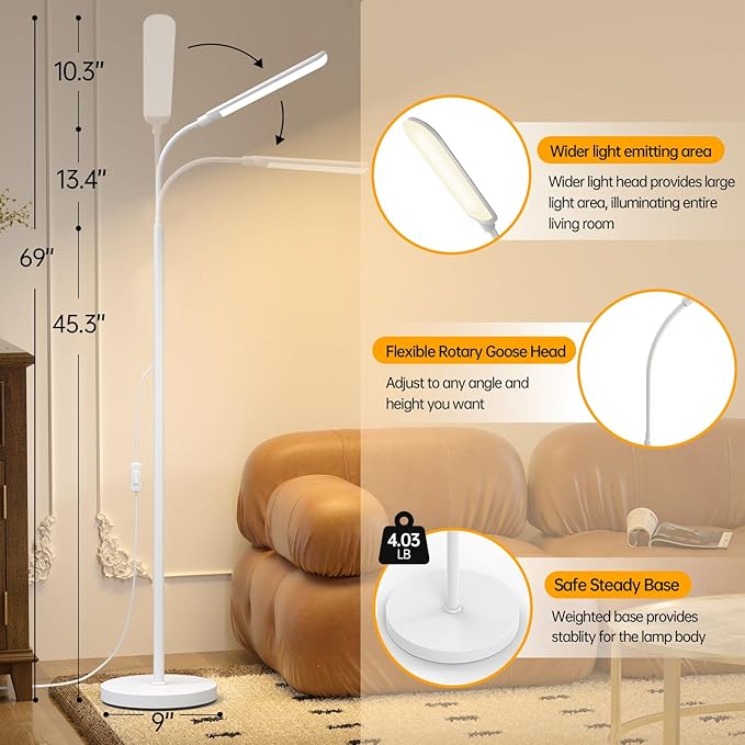 LED Floor Lamp, 18W Super Bright Floor Lamp for Living Room, Adjustable Stepless Colors & Brightness Standing Lamp, Eye Caring Reading Light with Remote (White)
