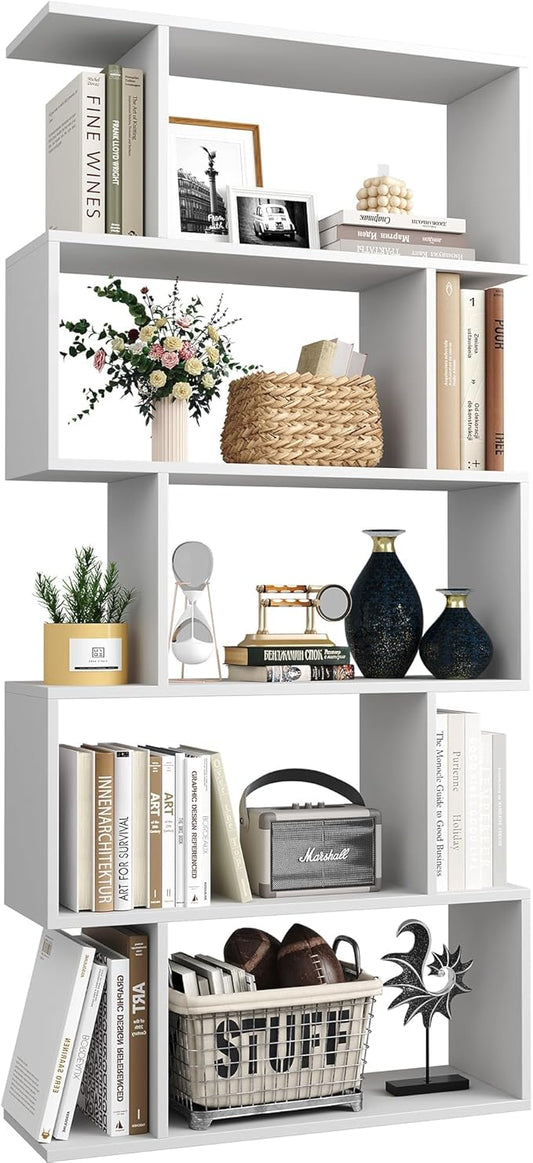 Yusong Bookshelf 5-Tier, Geometric Bookcase S Shaped Book Shelves for Bedroom, Modern Wood Decorative Display Shelf Book Case for Home Office, White