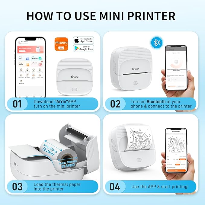 Mini Sticker Printer, Portable Bluetooth Thermal Printer with 7 Rolls Paper & 6 Colored Pencils, Inkless Label Maker for Home Office Study, USB-C Rechargeable, Ideal Gift for Teen Girls Boys