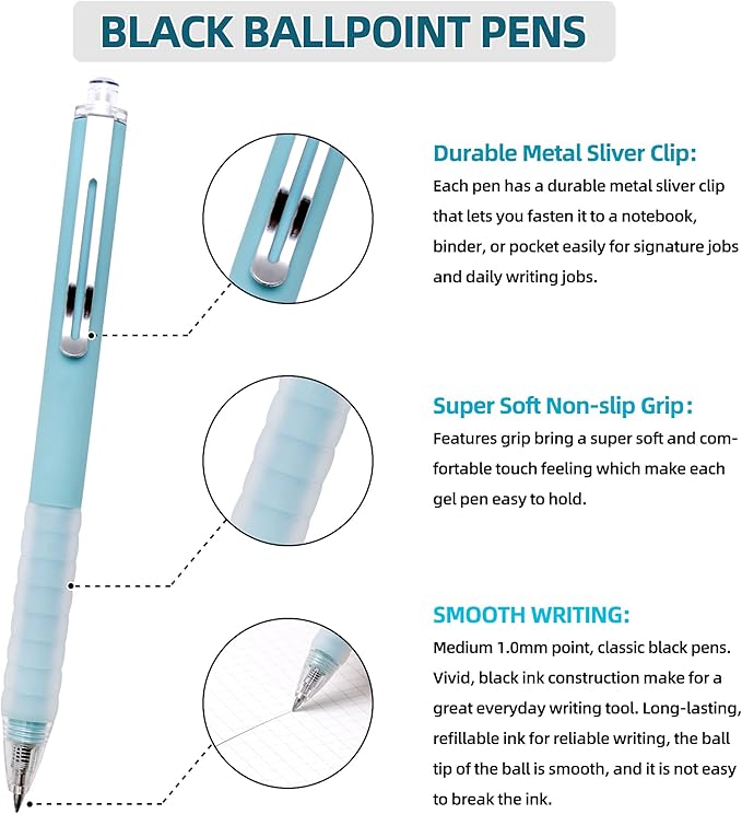 Linbsunne Ballpoint Pens Medium Point 1mm Black Ink Work Pen with Super Soft Grip Ball Point Pen for Men Women Retractable Office Pens (Black 6)