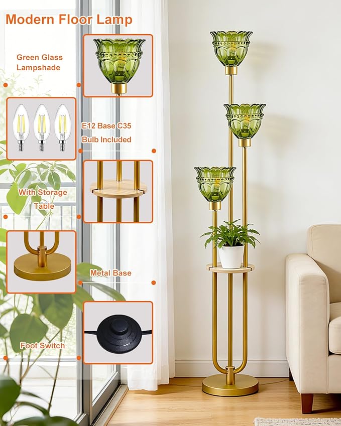 Lightdot 3-Lights Glass Floor Lamp for Living Room Mid Century Modern Gold Floor Lamp with Green Glass Shade & 3000K Bulbs Included Tall Standing Lamp for Bedroom/Sofa Beside/Corner Decor