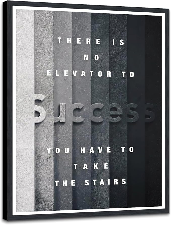 Motivational Framed Canvas Print Wall Art, There Is No Elevator to Success You Have To Take The Stairs Inspirational Quote, Positive Office Decor for Home, Ready to Hang, 12.5x16.5 Inches
