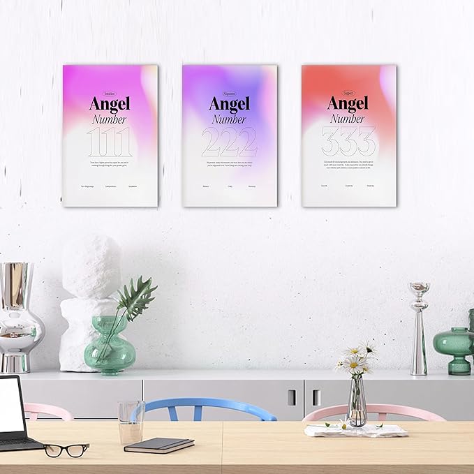 Colorful Gradient Angel Numbers Poster Canvas Print Artwork Room Decor for Bedroom Aesthetic, 3 Piece Framed Inspirational Minimalist Art Paintings Decor for Bedroom Office 12"x18" x 3 Pcs