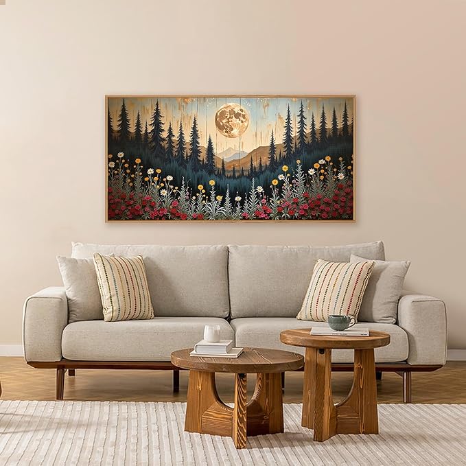 Ausril Vintage Moon Forest Framed Canvas Wall Art Set, Colorful Floral Mountain Painting, Nature Landscape Wall Decor, Wildflower Pine Tree, Modern Boho Art Print Living Room, Bedroom, Office 20"x40"