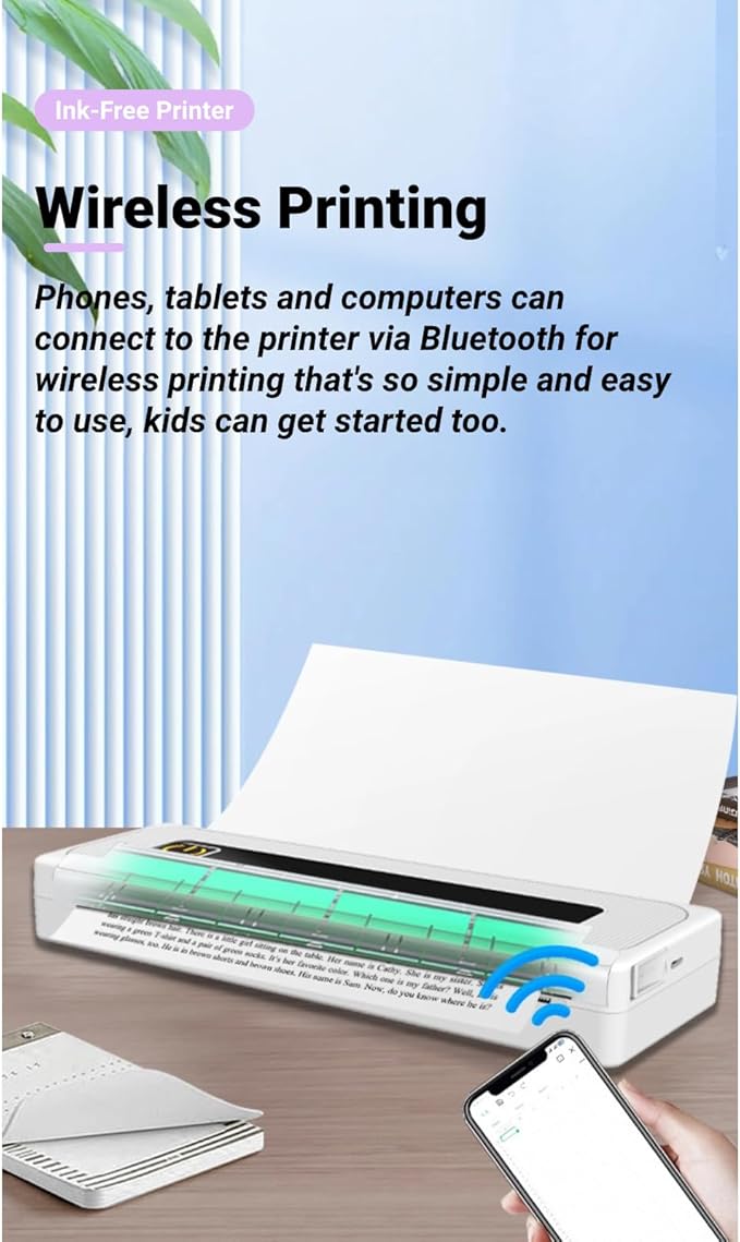 Generic Portable Printer for Travel, Bluetooth Thermal Printer Support 210MM 112MM 80MM 57MM Thermal Paper, Inkless Printer for iOS, Android & Laptop for Office Car Home,