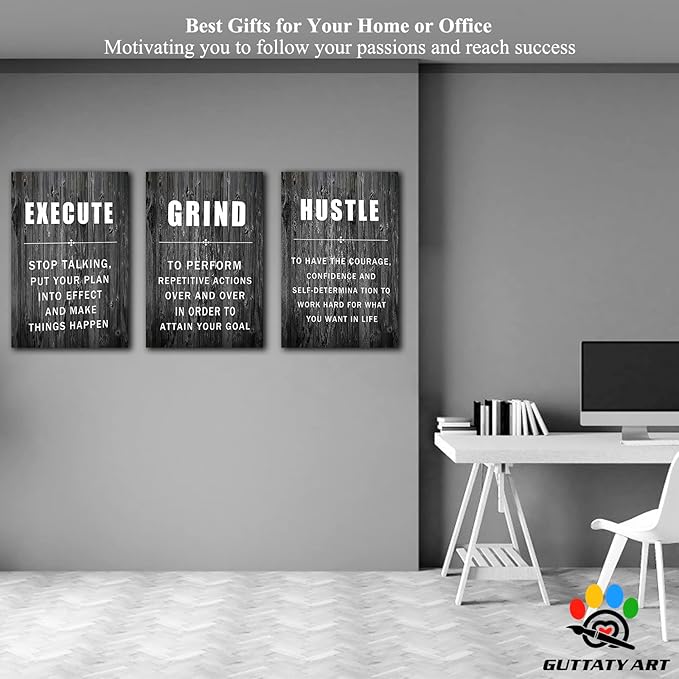 Office Wall Art - 3 Panel Motivational Wall Art, Inspirational Quotes Canvas Art for Home Office Wall Decor, Positive Quotes Wall Decor, Entrepreneur Grind Hustle Execution Poster Frame (20”x30”x3Pcs)