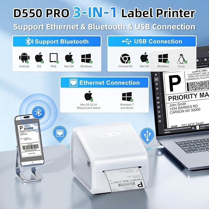D550 Pro Bluetooth Shipping Label Printer&100Pcs 4x6 Shipping Address Label,Wireless Thermal Labels Printers for Small Business,Office, Home,Support Bluetooth/Ethernet/USB