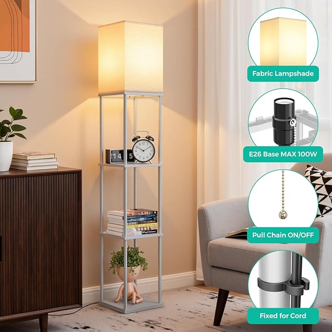 FOLKSMATE Floor Lamp with Shelves, 3-Tier Modern Square Bookshelf Floor Lamp, 3 Color Temperature Bulb Included, Floor Lamps for Living Room Bedroom Corner - Grey