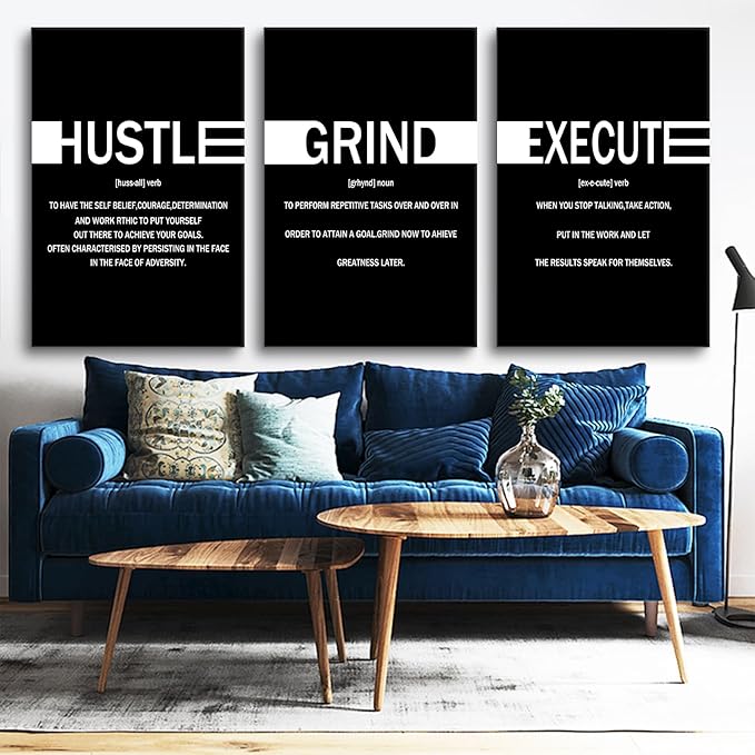 Inspirational Hustle Grind Execute Positive Wall Art Entrepreneur Quotes Print Picture Modern Wooden Canvas Framed Artwork for Home Living Room Office Artwork Stretched and Framed [72''Wx36''H]