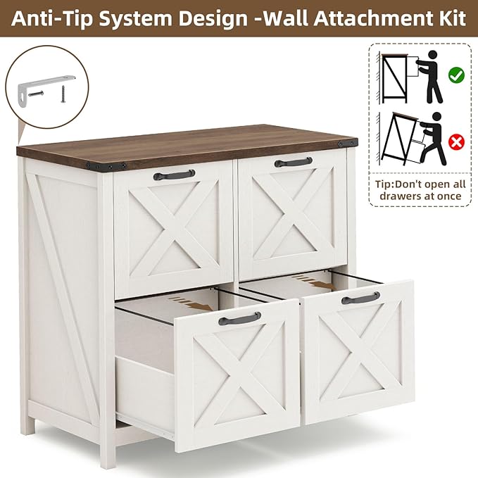 Lateral File Cabinet with 4 Drawers, Farmhouse File Cabinet for Letter/A4 Size Hanging Files, Large Wood File Storage Cabinets Printer Stand for Home Office Cabinets, Rustic White and Brown