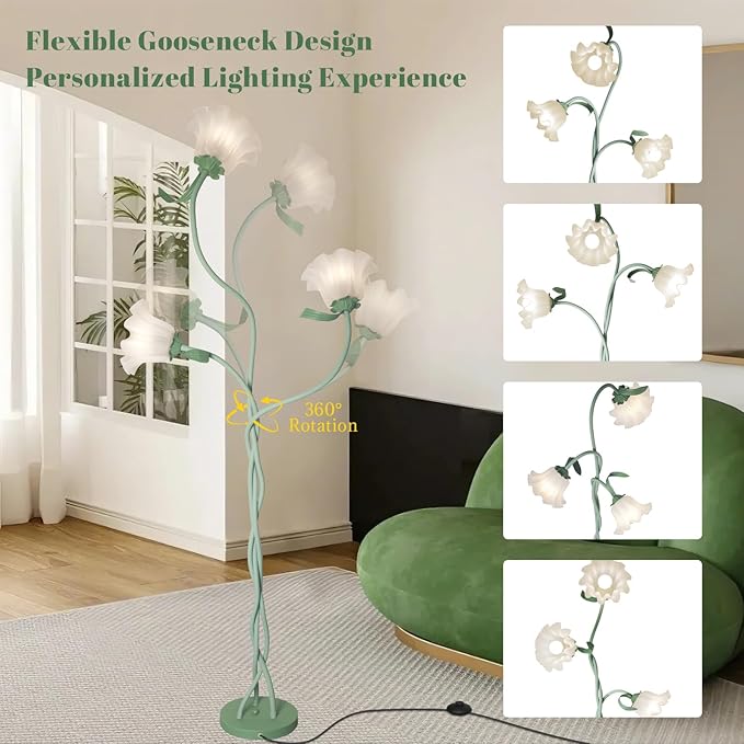 Flower Standing Lamp for Bedroom, Cute Corner Floor Lamp with Flexible Gooseneck,3 Light Floor Reading Lamp with 3 Color Temperatures, Bulbs Included, LED Tall floor Lamp for Living Room Corner(Green)