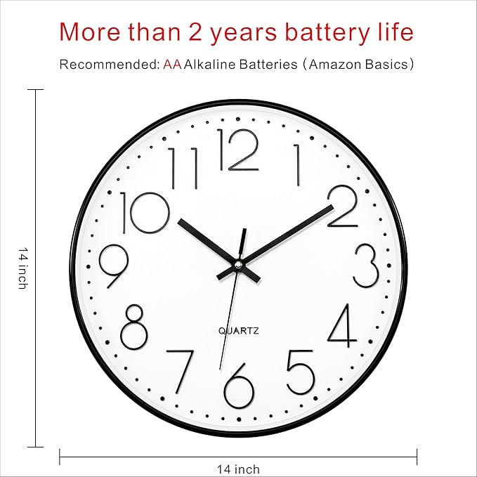 Foxtop 14 Inch Black Wall Clock Large Silent Non-Ticking Battery Operated Round Quartz Modern Wall Clocks Decorative for Living Room Bedroom Home Office