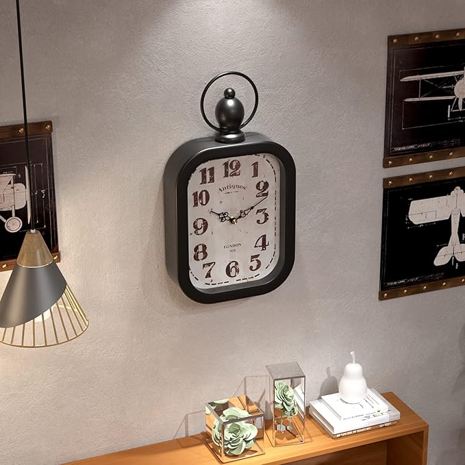 Menterry Small Retro Rectangle Wall Clock, Black Antique Vintage Style Battery Operated Silent Decor Wall Clocks for Farmhouse,Bedroom,Kitchen,Bathroom (11" H x 6.1" W)